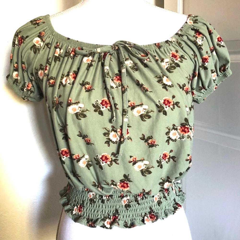Olive Green Floral Print Smocked Waist Top